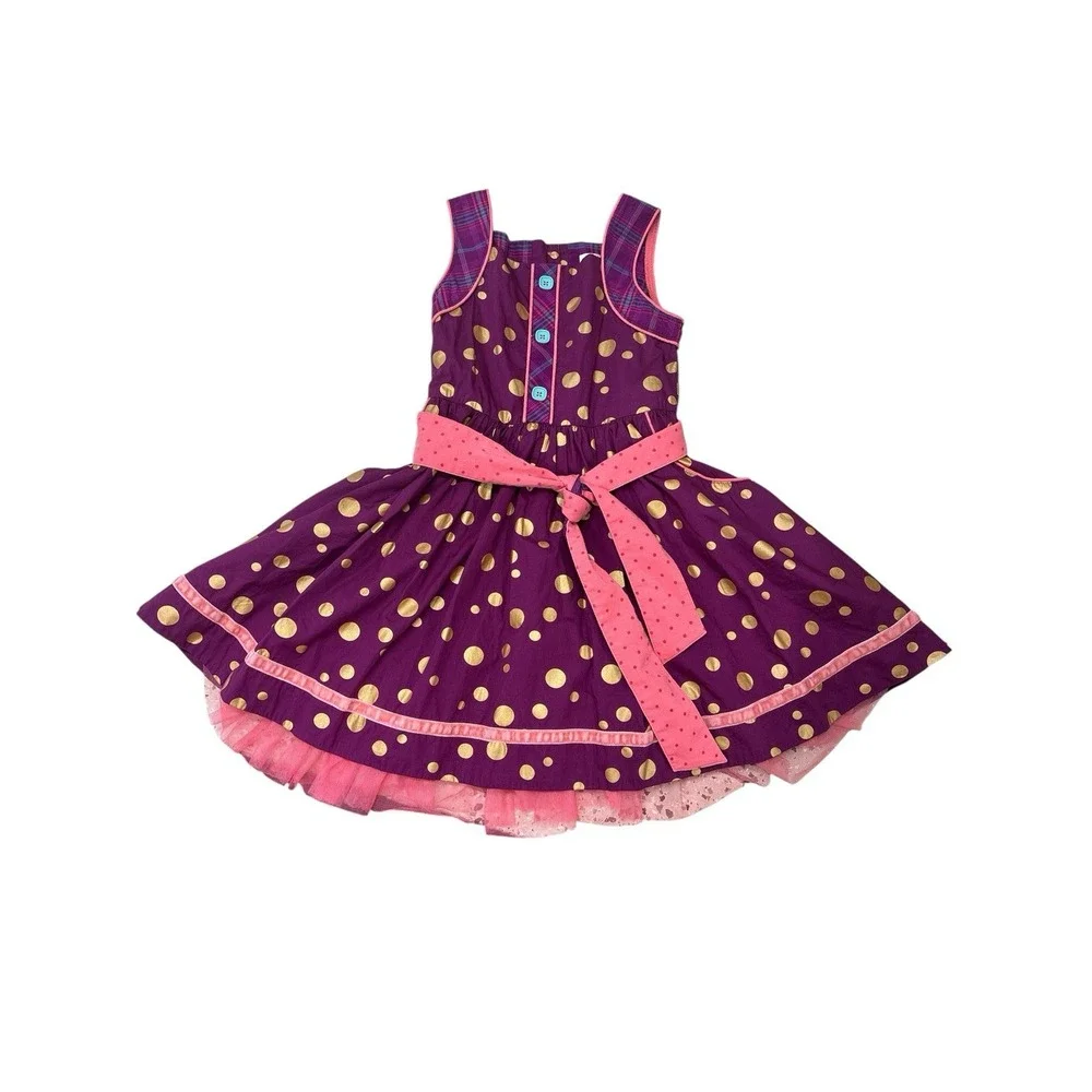 Matilda Jane Plum Gold Polka Dot Plaid Belted Dress With Tulle & Pockets Girls 6